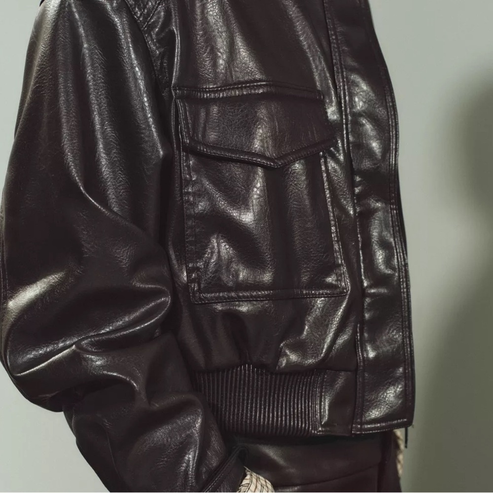 Zara Brown Vegan Leather Cropped Bomber Jacket xs - Picture 9 of 13